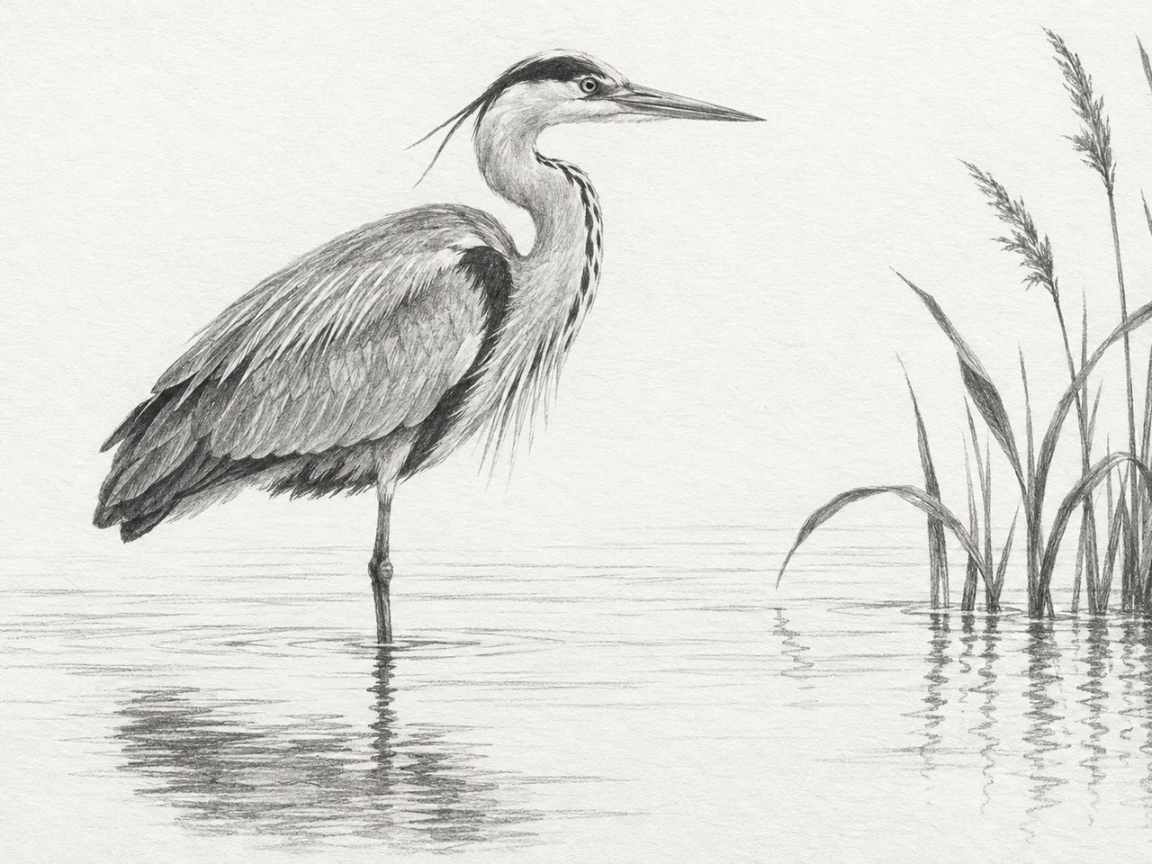 The reference: a detailed graphite heron standing in shallow water with reeds.